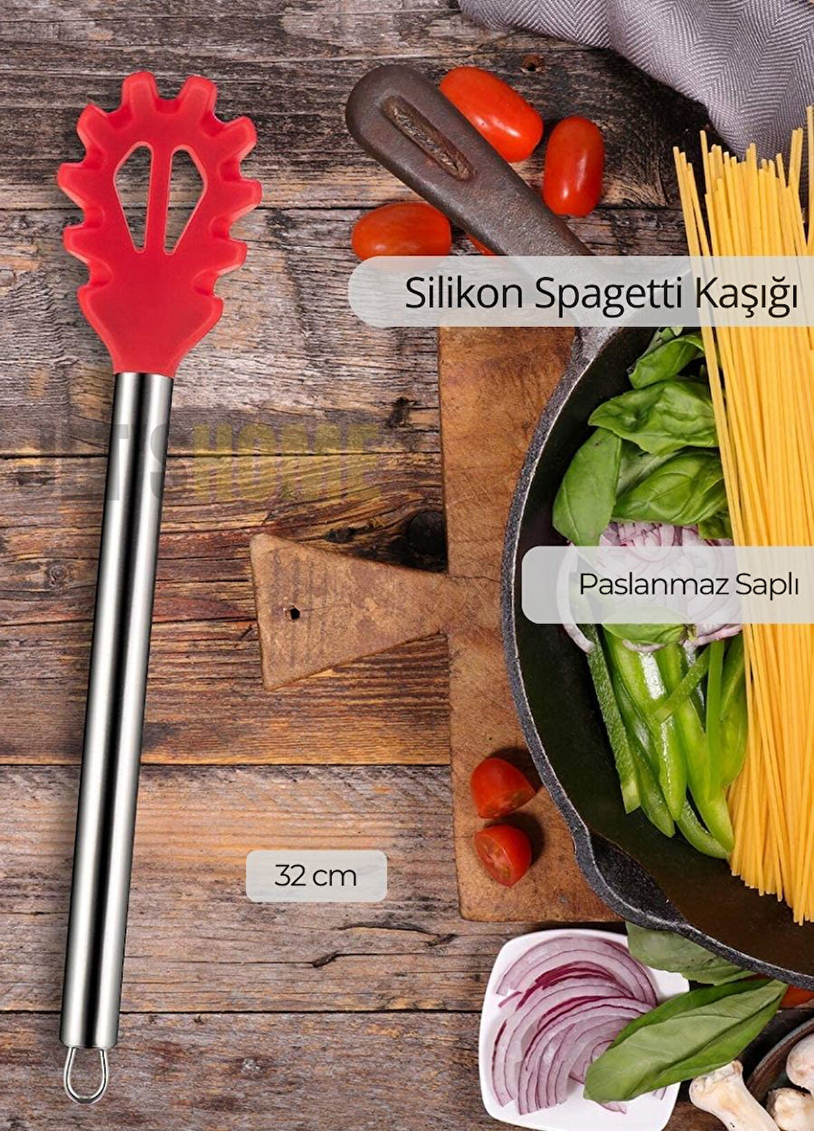 Silikon Spagetti Kaşığı Paslanmaz Saplı Kırmızı 32 cm