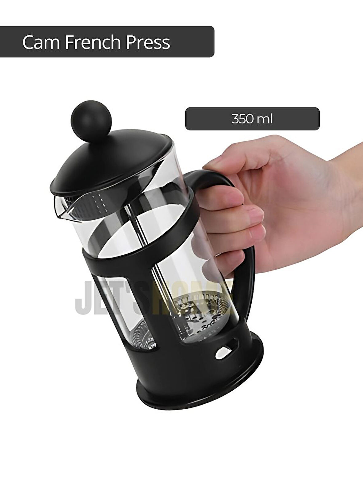 Cam French Press Kahve Demleme Paslanmaz İç Yapı Siyah 350 ml