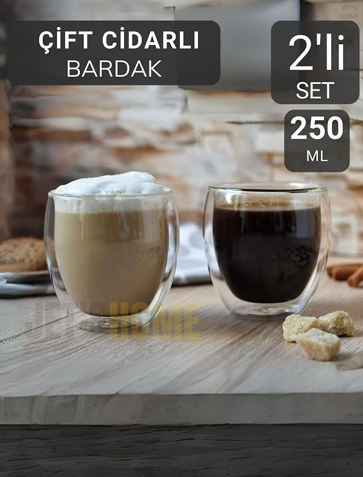 2’li Set Kahve Bardağı 250 ml Çay Bardağı Çift Cidarlı Bardak Cam Magnolya Bardağı