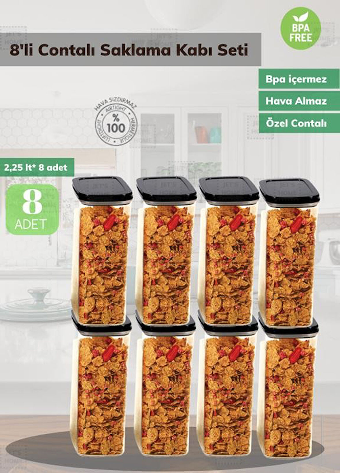 8’li Saklama Kabı Seti BPA Free Sızdırmaz Erzak Kabı Hava Almaz Bakliyat Kabı