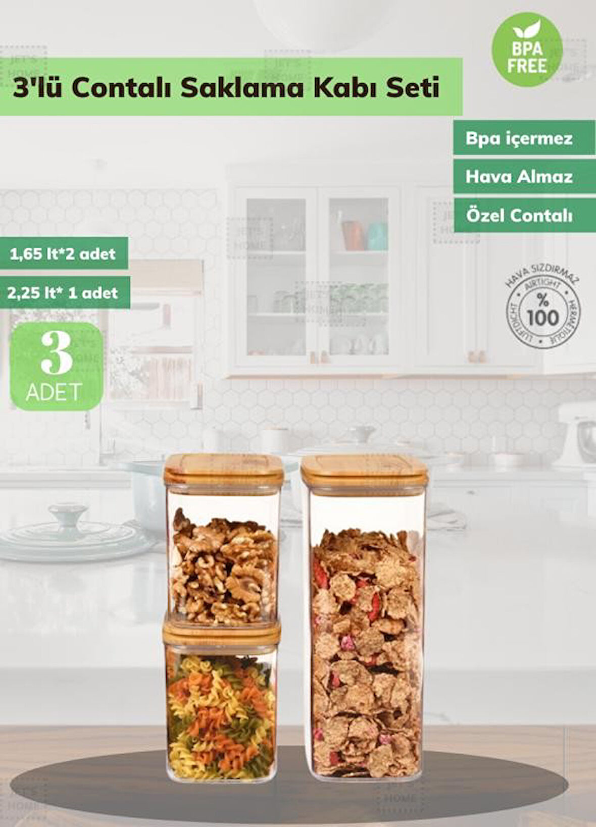 3’lü Bambu Contalı Saklama Kabı Seti Erzak Kabı Motek Saklama Kabı 2*1100 ml / 2250 ml