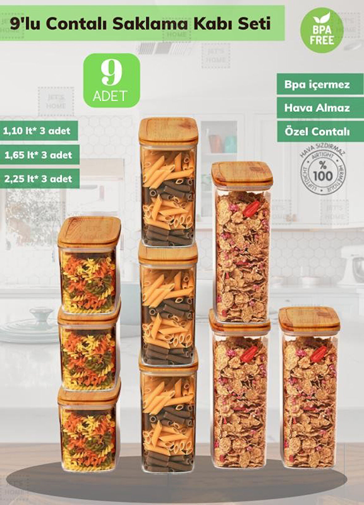 9’lu Bambu Contalı Saklama Kabı Seti Erzak Kabı Motek Saklama Kabı 3*1,10 lt / 3*1,65 lt / 3*2,25 lt