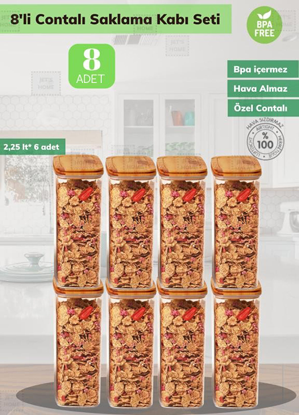 8’li Saklama Kabı Seti BPA Free Erzak Bakliyat Kutusu Bambu Desen