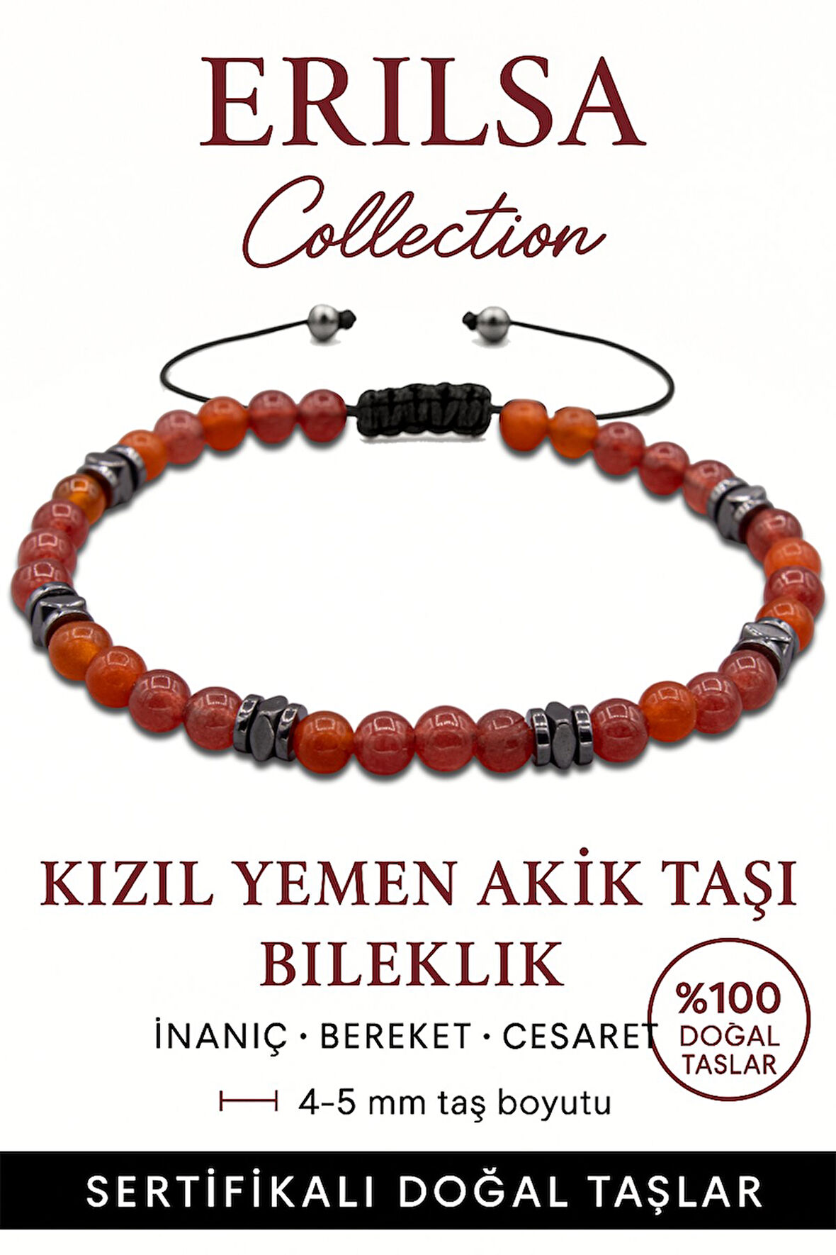 Sertifikalı Terahertz – Kızıl Yemen Akiği Taşı Bileklik (İnce Model) – Nazar Koruması, Kararlılık ve Ruhsal Dayanıklılık Taşı