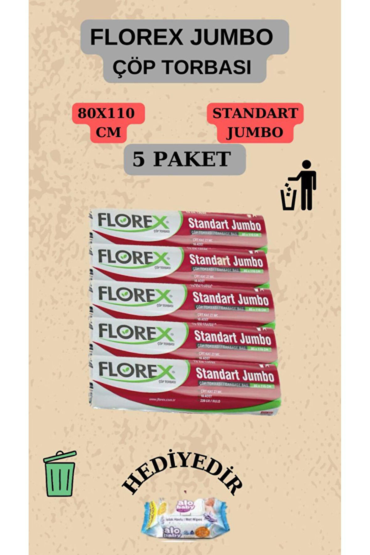 Florex Standart Jumbo Boy (80X110CM) Çöp Poşeti X 5 Rulo 50 Adet