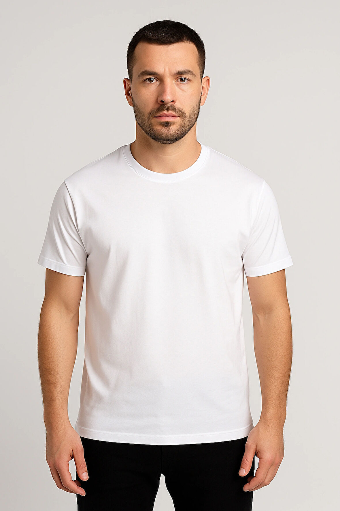 Erkek Avrupa Kalıp Beyaz Basic Tişört - Regular Fit