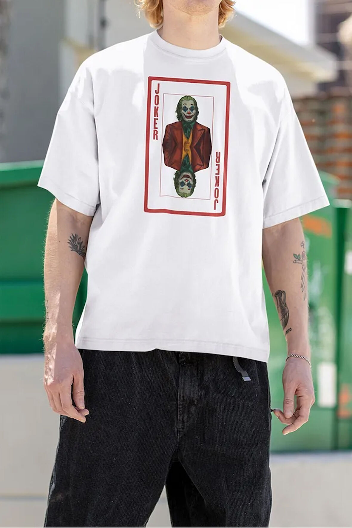 Oversize Kötü Adam Film Karakteri Joker Kartı Baskılı Oversize Tişört