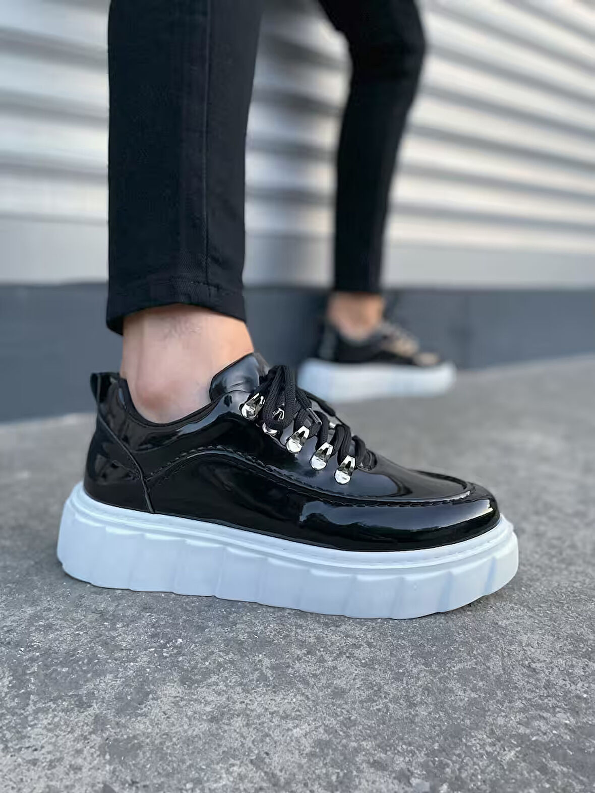 JY010 Premium Cloud Kalın Taban Erkek Sneaker - Siyah Beyaz Rugan