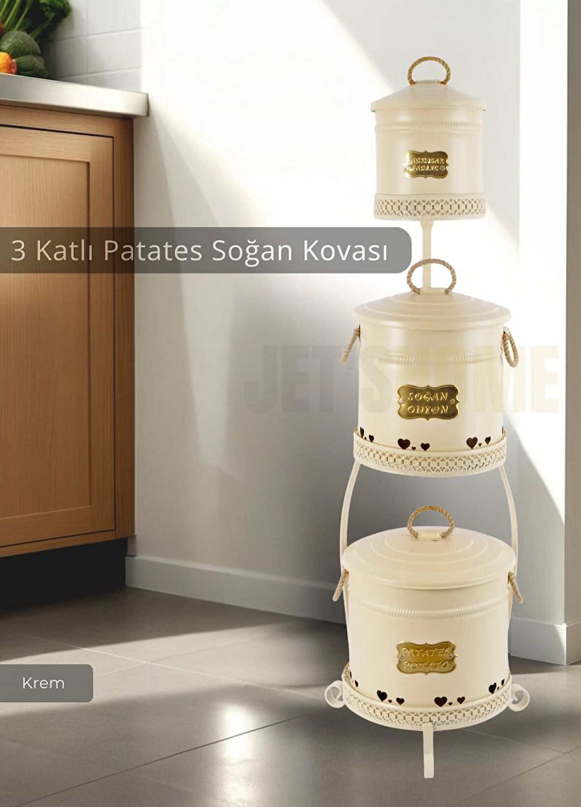 Patates Soğan Sarımsak Kovası 3 Katlı Sebzelik Paslanmaz Organizer Patates Soğan Sepeti Krem