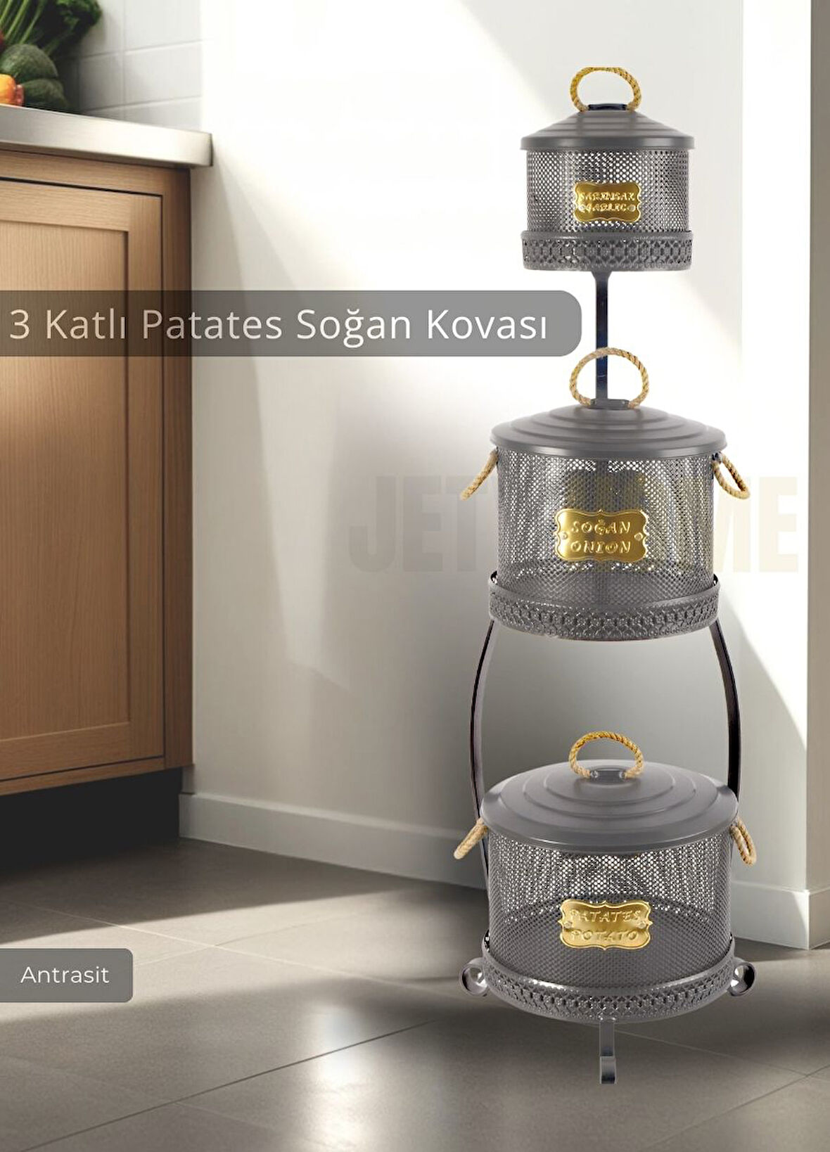 Patates Soğan Sarımsak Kovası 3 Katlı Sebzelik Paslanmaz Organizer Patates Soğan Sepeti Antrasit