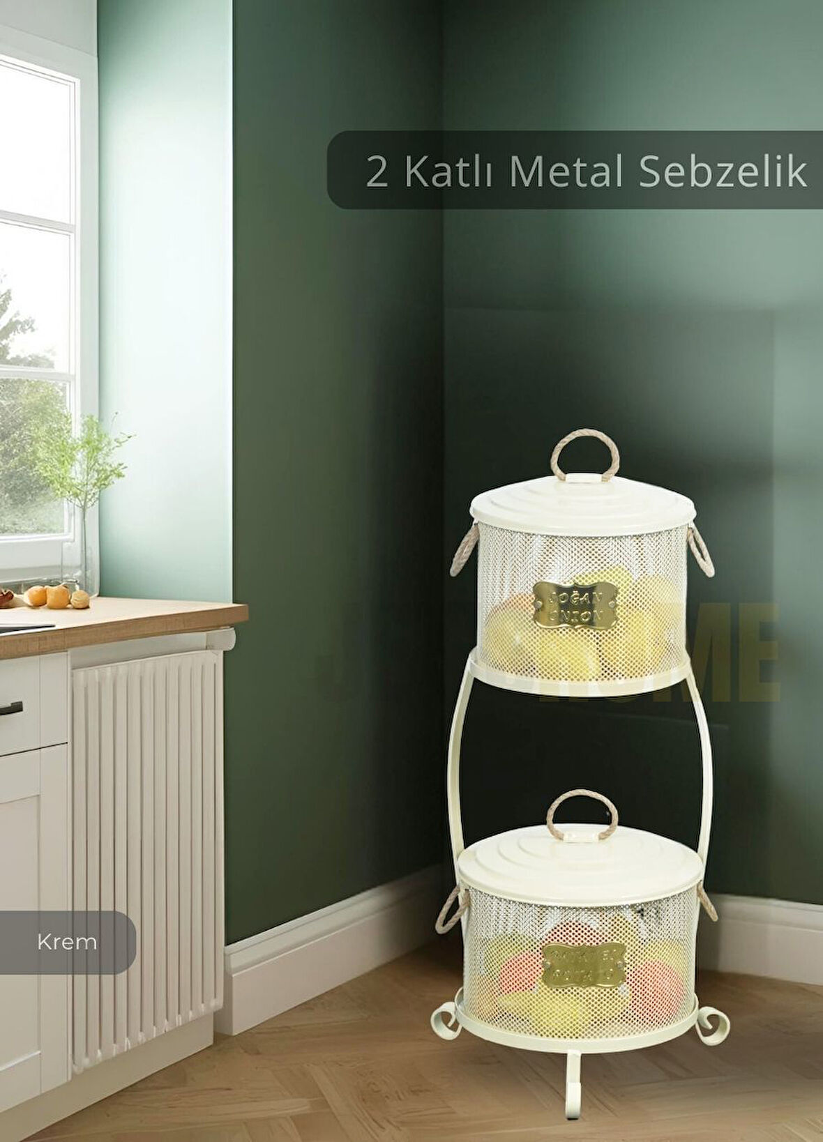 Patates Soğan Kovası 2 Katlı Sebzelik Paslanmaz Organizer Patates Soğan Sepeti Krem