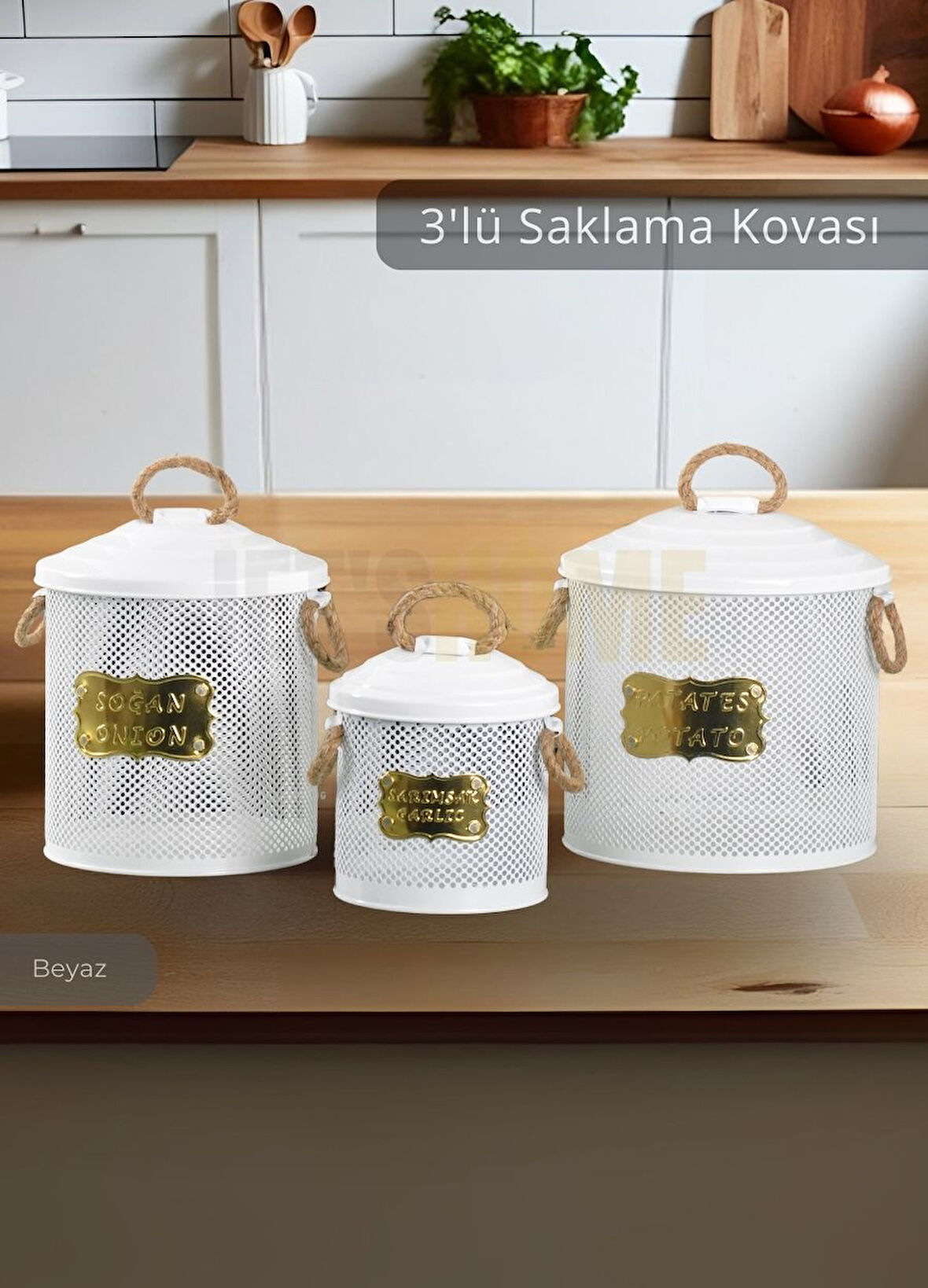 Patates Soğan Sarımsak Kovası 3'Lü Sebzelik Paslanmaz Organizer Patates Soğan Sepeti Beyaz