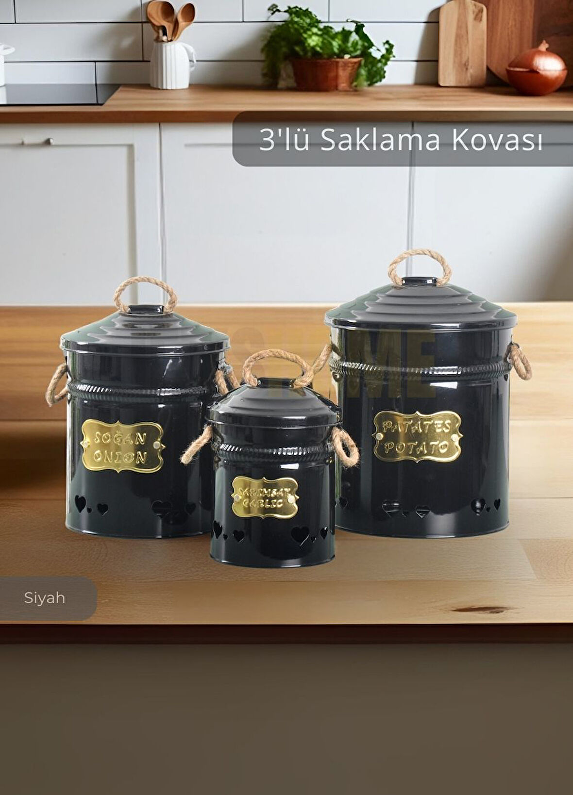 Patates Soğan Sarımsak Kovası 3'Lü Sebzelik Paslanmaz Organizer Patates Soğan Sepeti Siyah