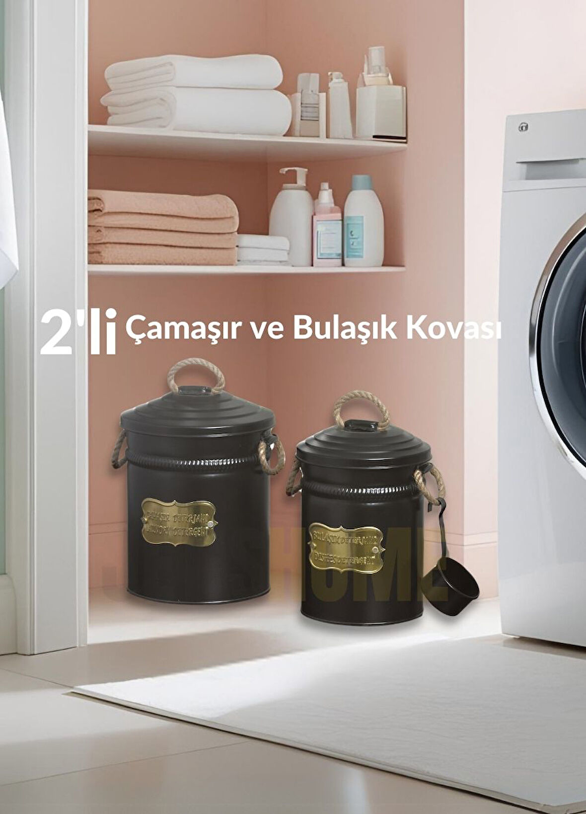 2'li Set Çamaşır Kovası Metal Bulaşık Kovası Ölçekli Deterjan Kutusu Paslanmaz Galvaniz