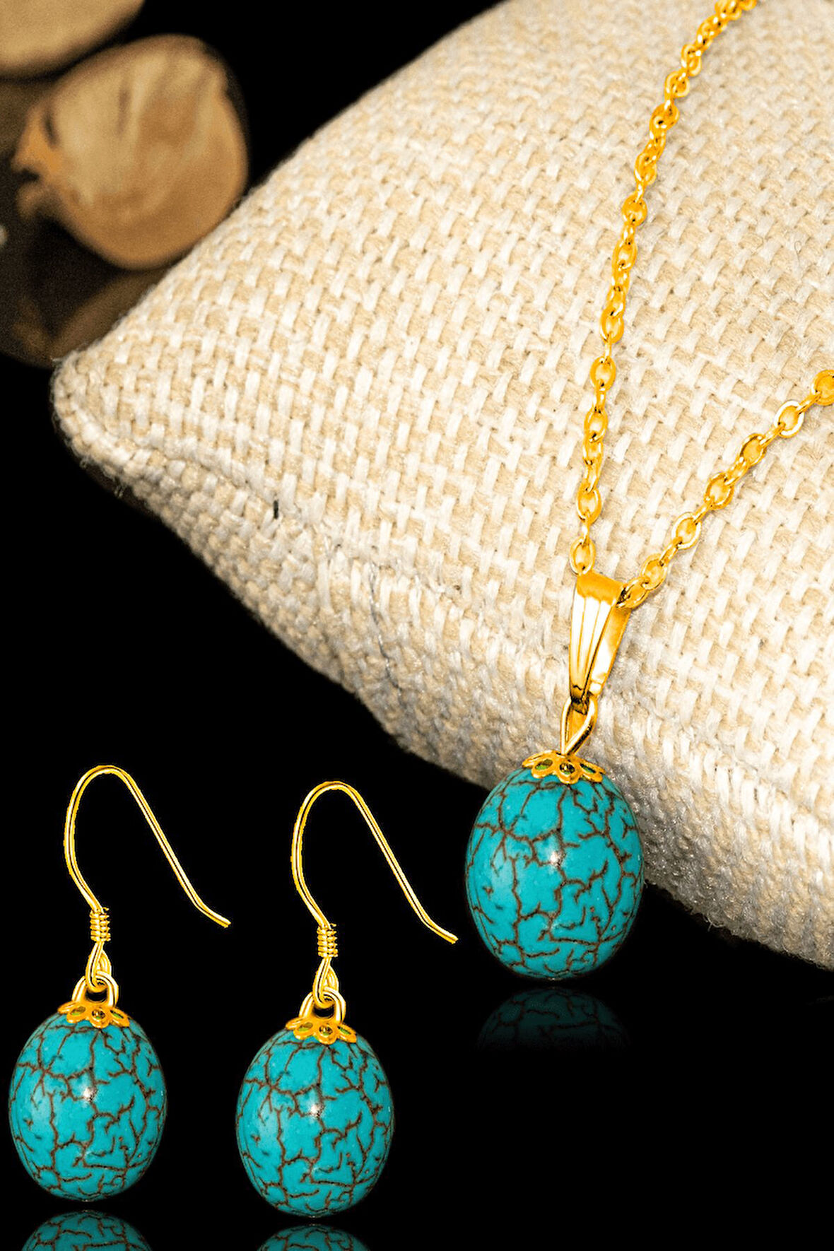 Sertifikalı Gold Küre Model Firuze Taşı Kolye ve Küpe Seti (Turkuaz Taşı)