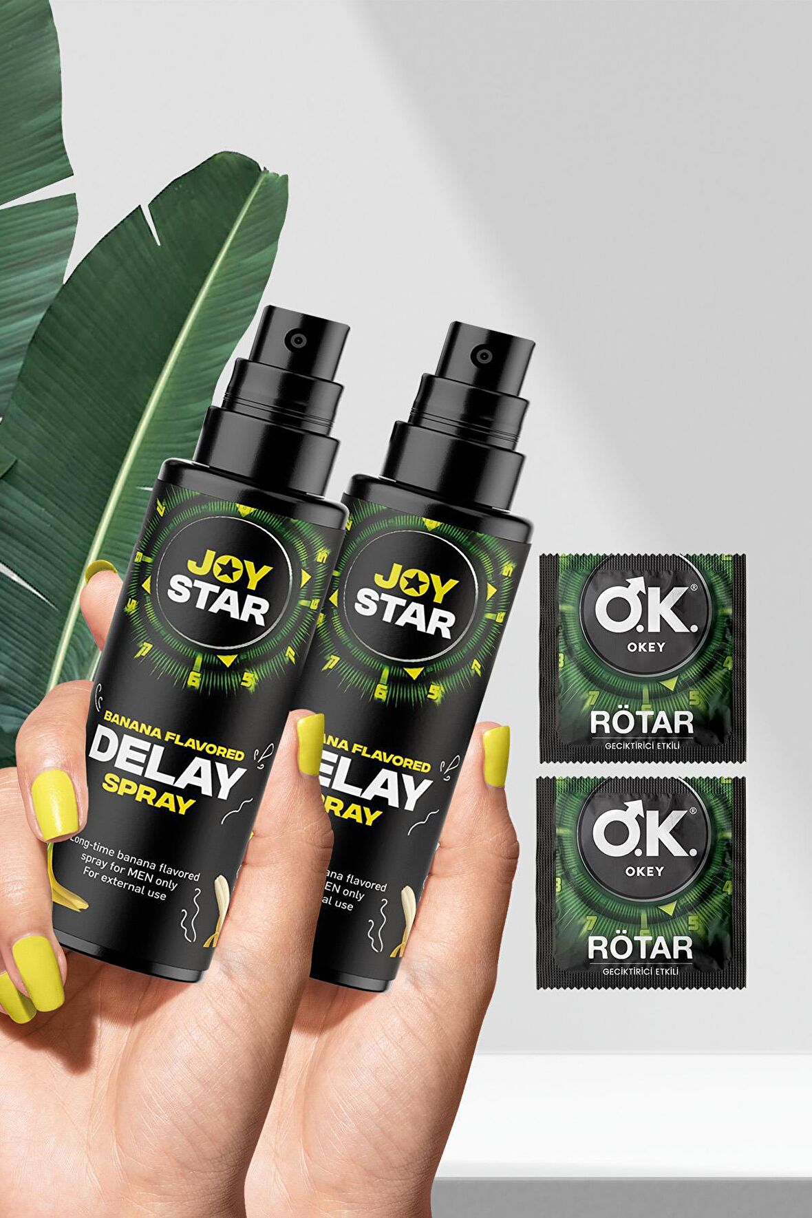 Okey Rötar Tek Kullanımlık Geciktirici Etkili Prezervatif + 2 Adet Joystar Banana Flavored Geciktirici Etkili Delay Sprey