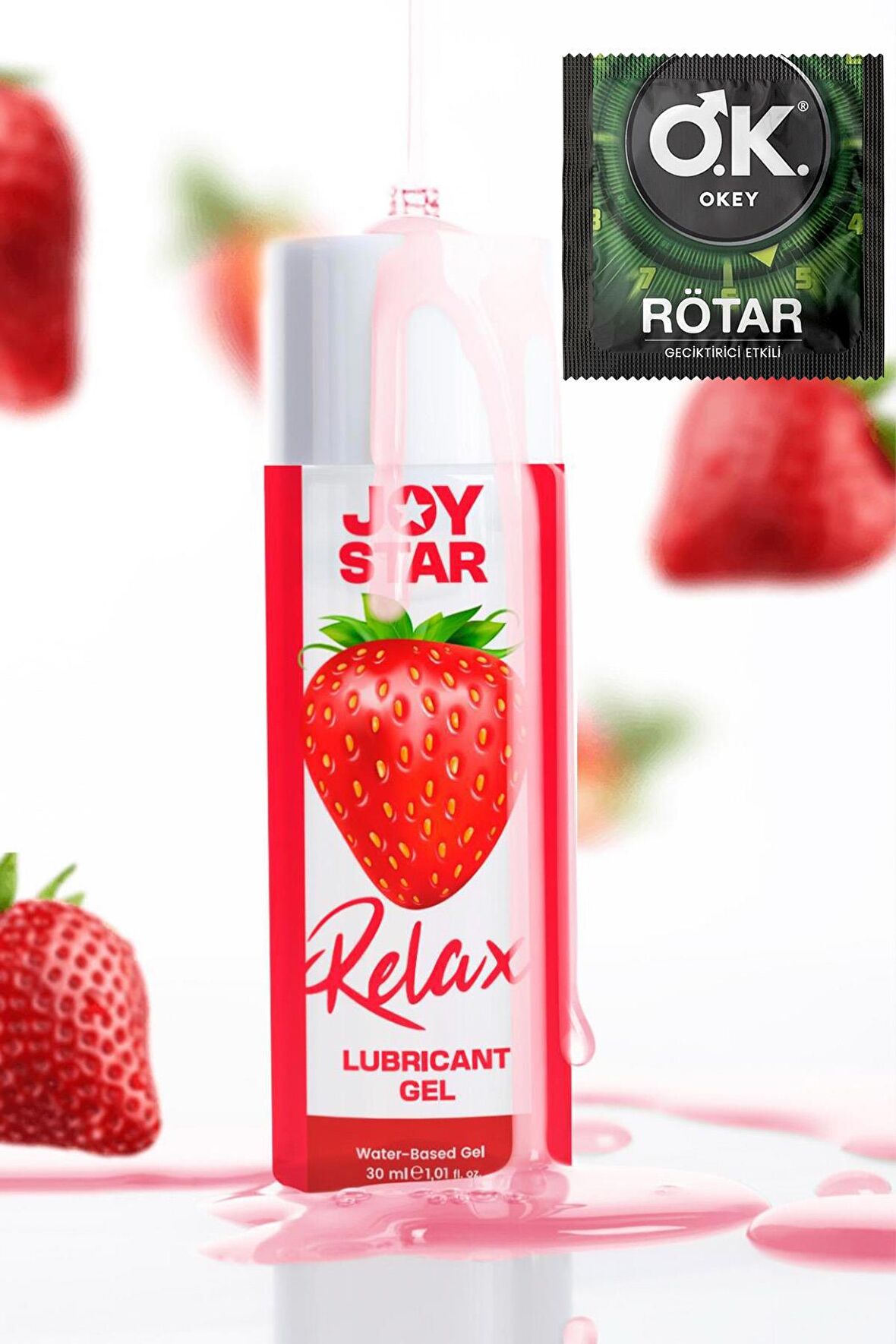 Okey Rötar Tek Kullanımlık Geciktirici Etkili Prezervatif + Çilek 30 Ml Kokulu Kayganlaştırıcı Ve Masaj Jeli Su Bazlı