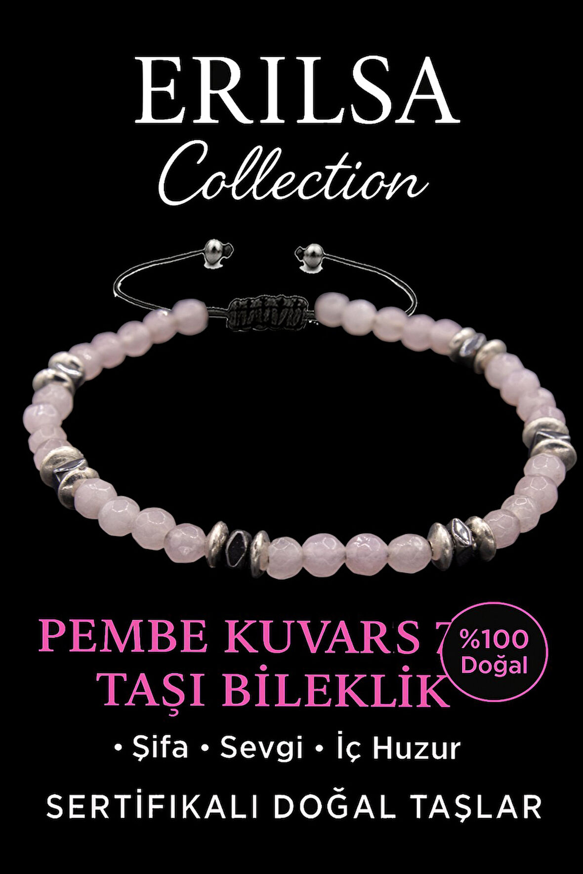 Ürün Adı: Sertifikalı Fasetli AAA+ Terahertz ve Pembe Kuvars Taşı Bileklik – İnce Model Şefkat ve Aşk