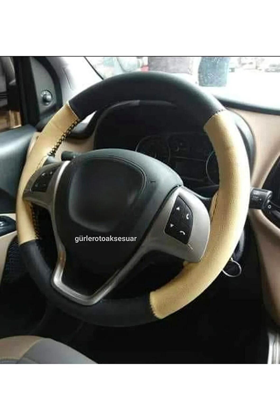 Jeep Uyumlu Deri Dikmeli Direksiyon Kılıfı Bej-Siyah 4parçalı