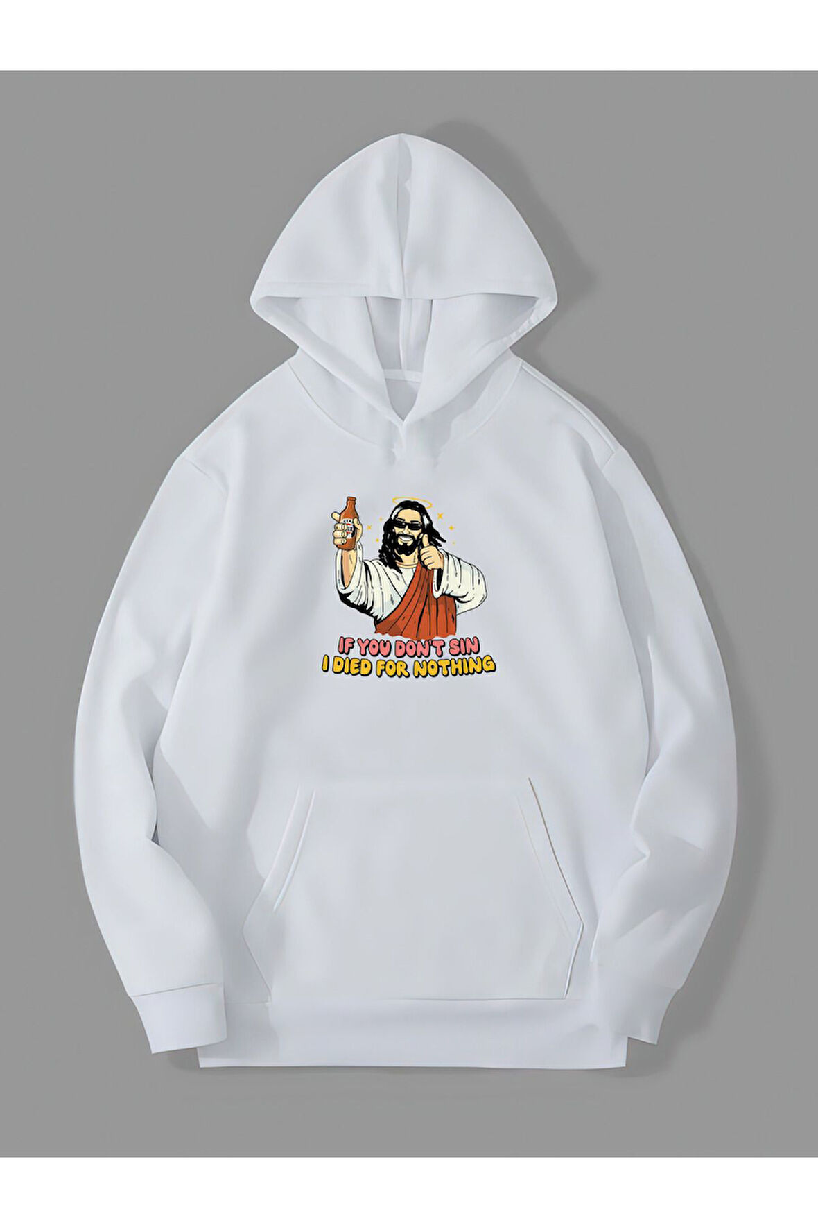 3 İplik Jesus İsa Baskılı Beyaz Kanguru Cepli Kapüşonlu Sweatshirt Hoodie | S