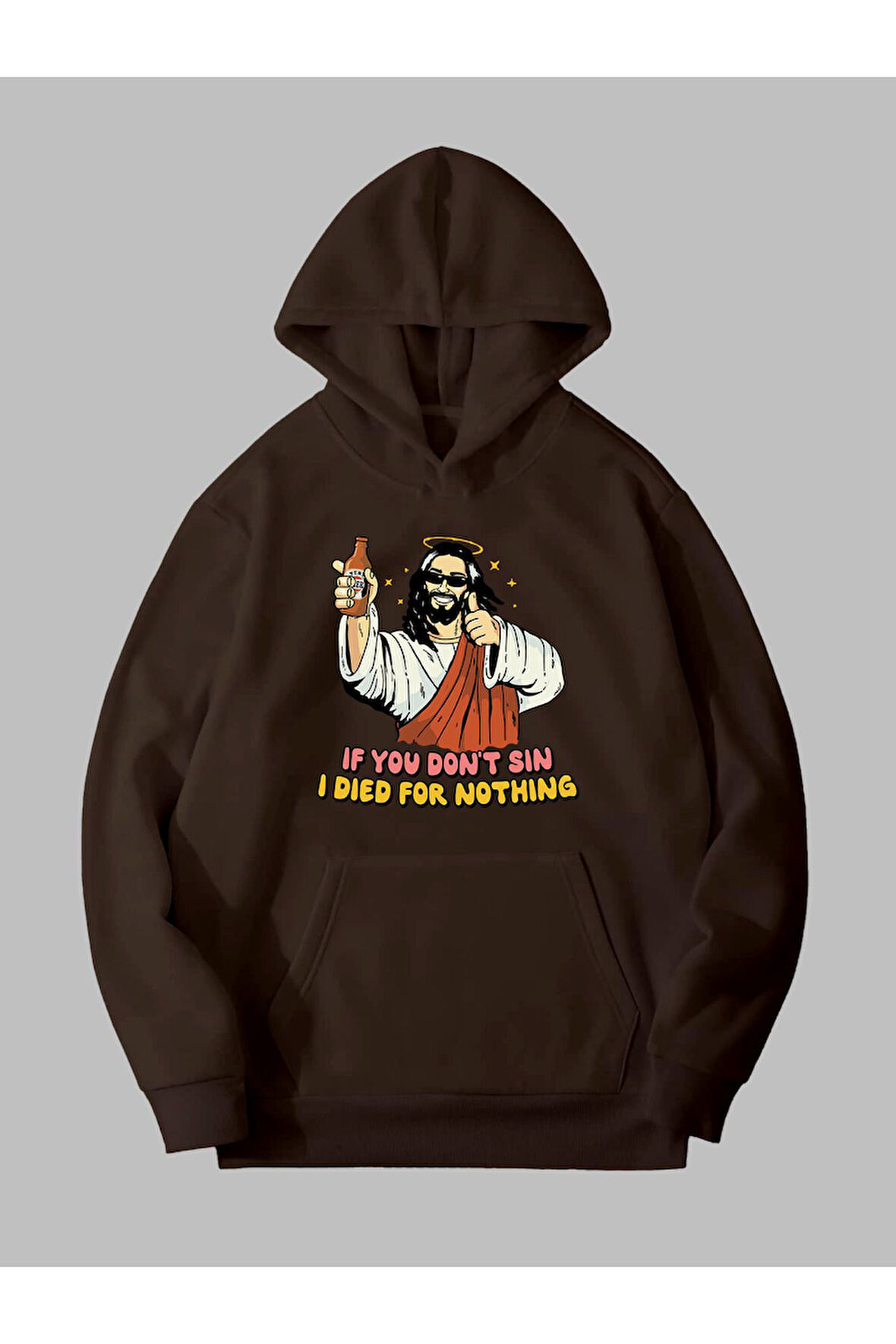 Üç İplik Jesus Baskılı Unisex Kahverengi Kanguru Cepli Kapüşonlu Sweatshirt Hoodie | L