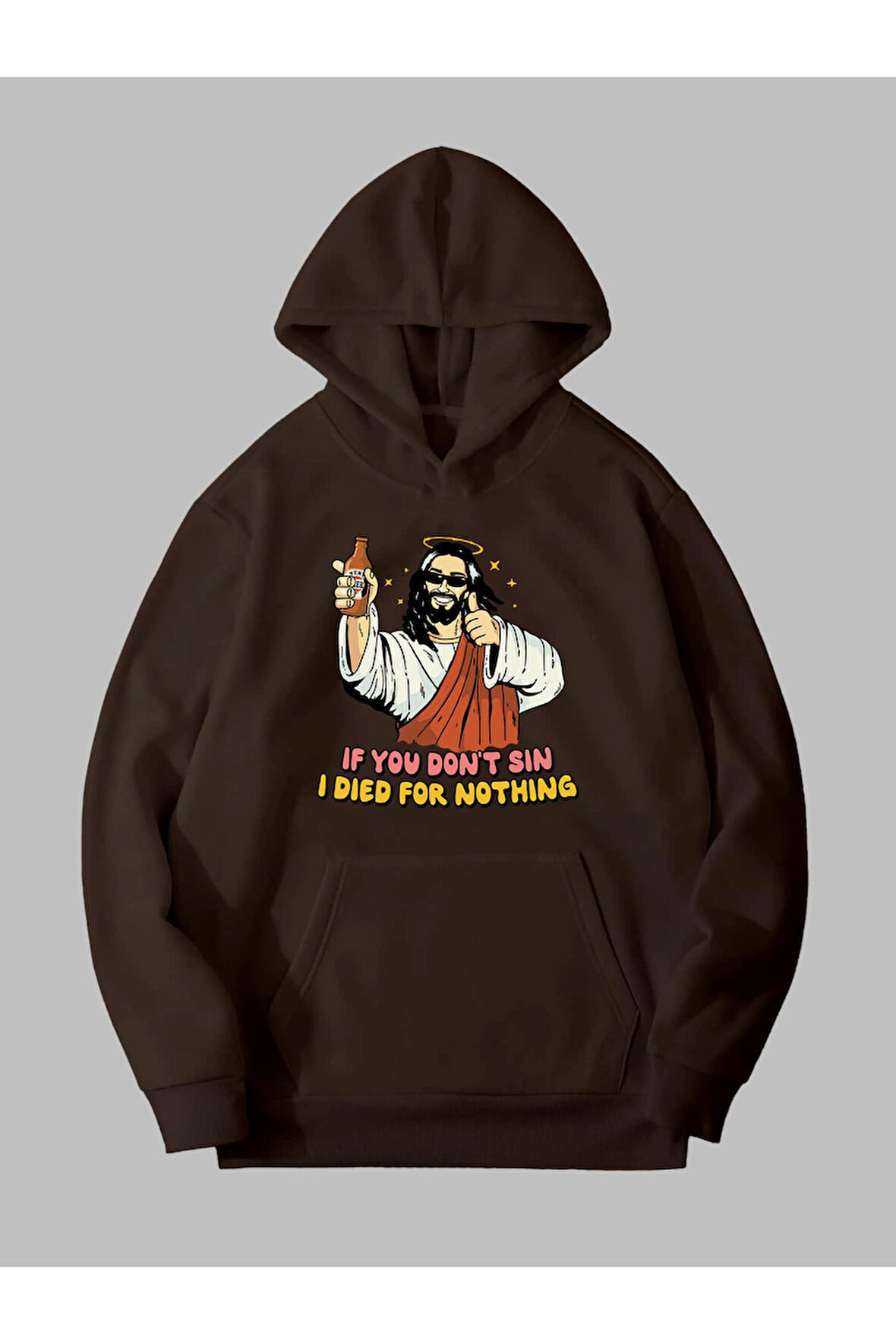 Üç İplik Jesus Baskılı Unisex Kahverengi Kanguru Cepli Kapüşonlu Sweatshirt Hoodie | M