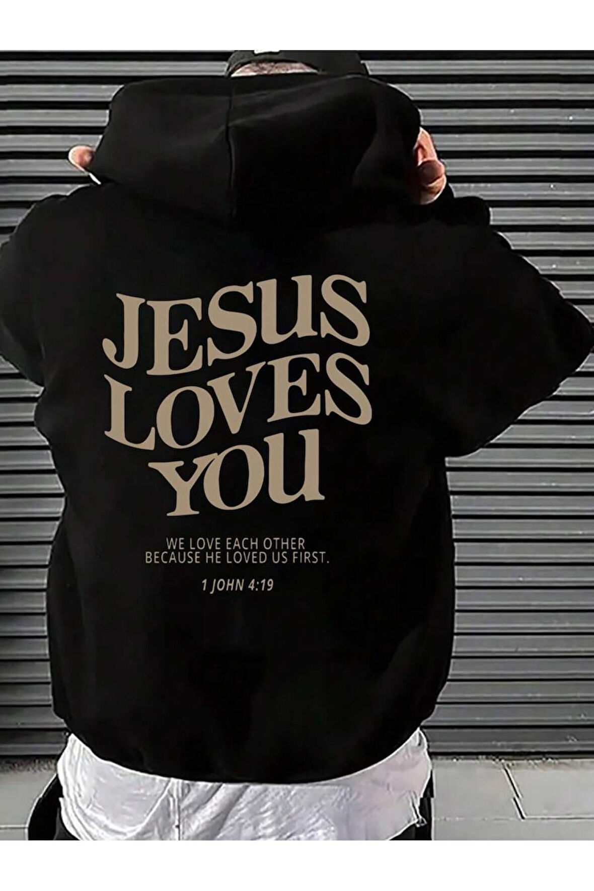 Jesus Loves You Baskılı Unisex Siyah Kanguru Cepli Kapüşonlu Sweatshirt Hoodie | L