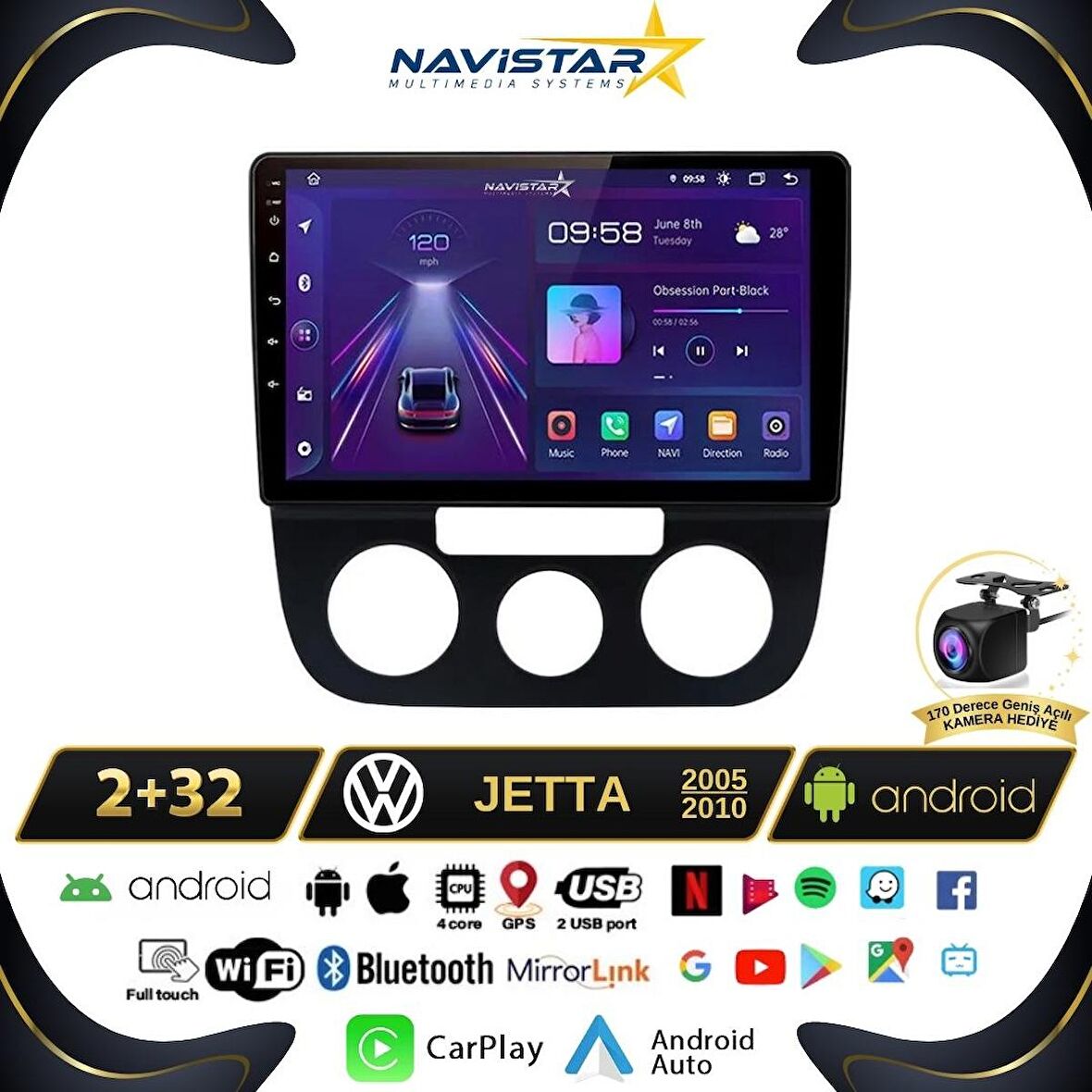 Volkswagen Jetta 2+32GB Android 13 Kablosuz Carplay 2005-2010 Navigasyon Multimedya Sistemi 