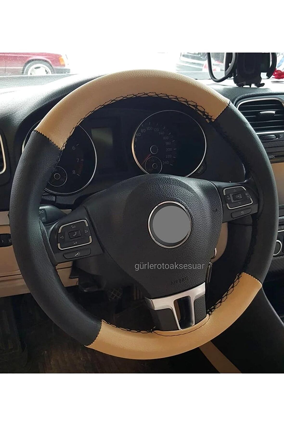 Vw Jetta 2013 Uyumlu Direksiyon Kılıfı Dikmeli Iki Renkli Bej Siyah