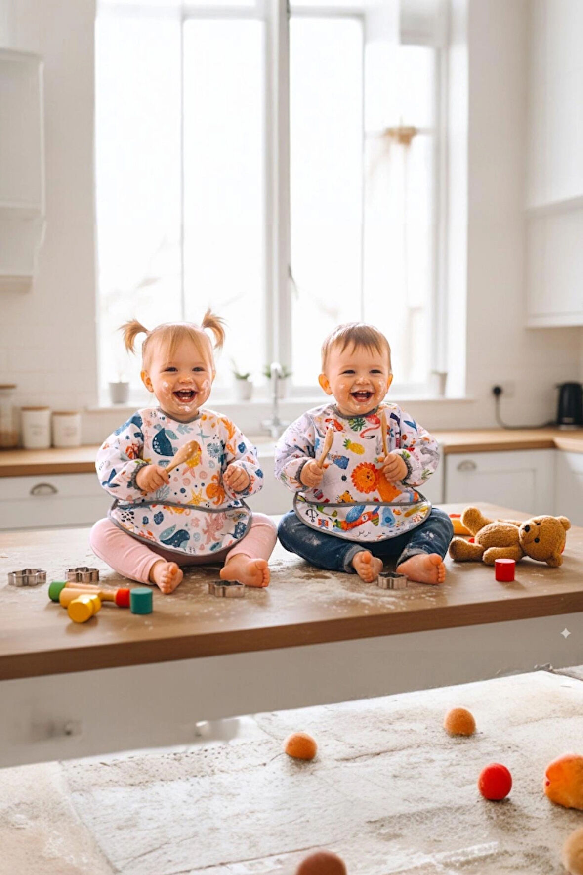 Yorni 2'li Ekonomik Set, Jungle ve Sea 2-4yaş Uzun Kollu, Sıvı Geçirmeyen Bebek Önlük, Cepli ve Arkadan Cırtlı