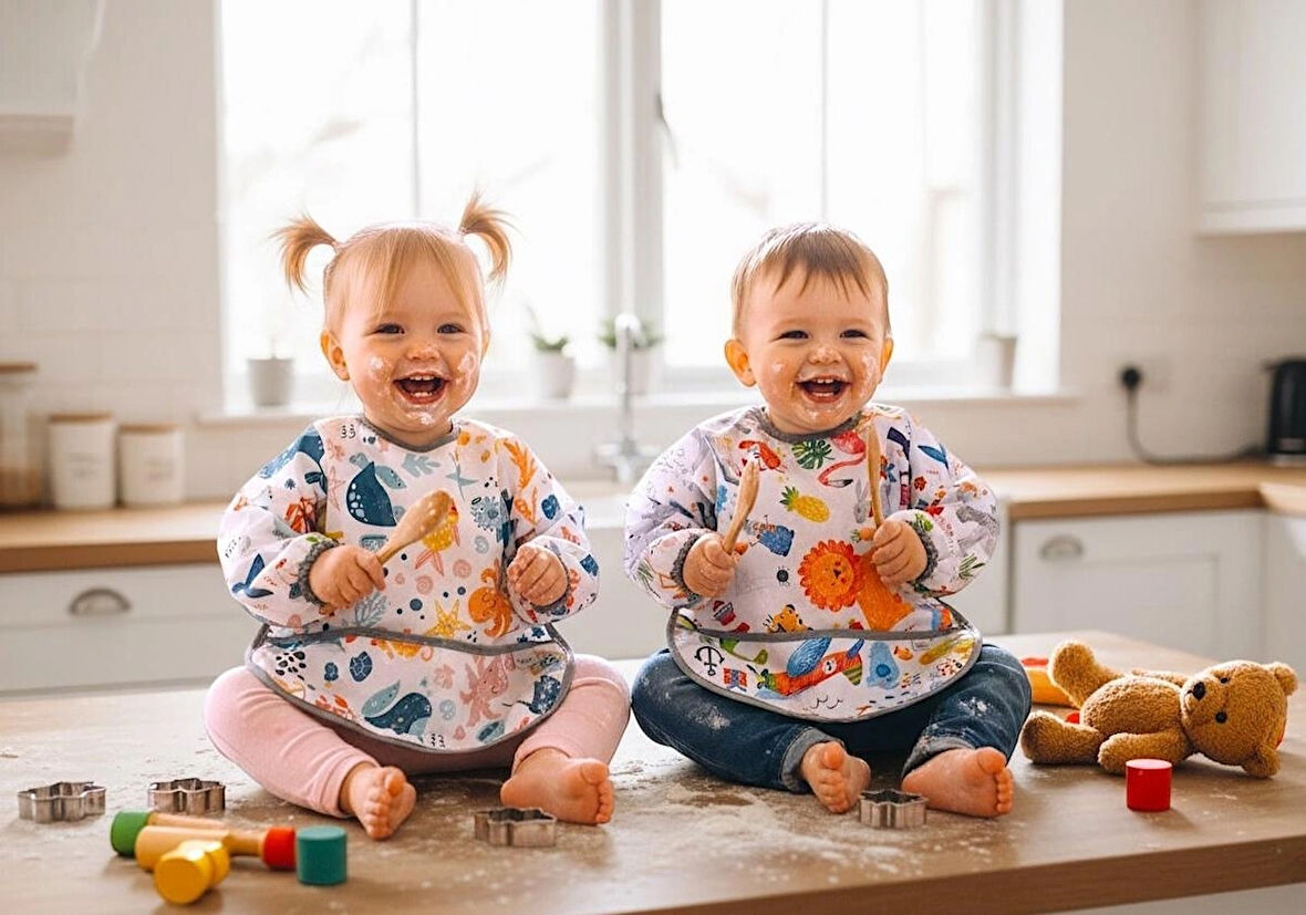 Yorni 2 Li Ekonomik Set, Jungle ve Sea 6-24AY Uzun Kollu, Sıvı Geçirmeyen Bebek Önlük, Cepli ve Arkadan Cırtlı