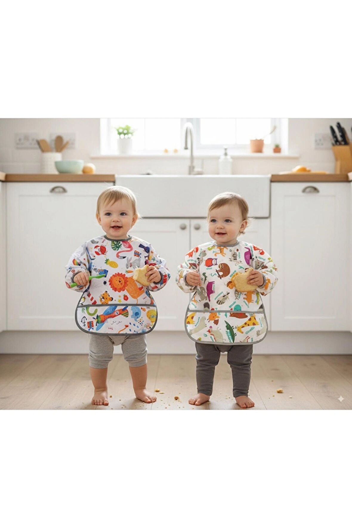 Yorni 2'li Ekonomik Set, Jungle ve Zoo 2-4yaş Uzun Kollu, Sıvı Geçirmeyen Bebek Önlük, Cepli ve Arkadan Cırtlı
