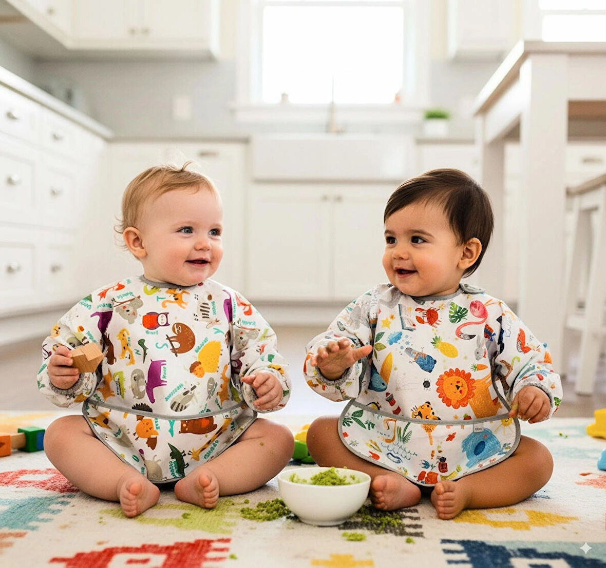 Yorni 2'li Ekonomik Set, Jungle ve Zoo 6-24AY Uzun Kollu, Sıvı Geçirmeyen Bebek Önlük, Cepli ve Arkadan Cırtlı