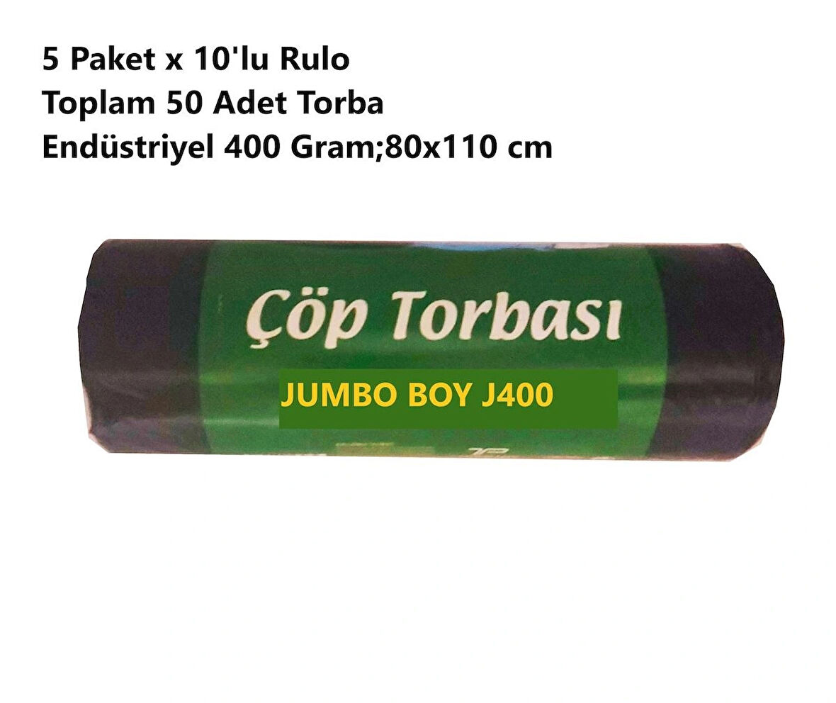 Endüstriyel Jumbo Boy J400 Çöp Torbası – 80x110 cm, 400 Gr, 5 Paket (Toplam 50 Adet), Dayanıklı