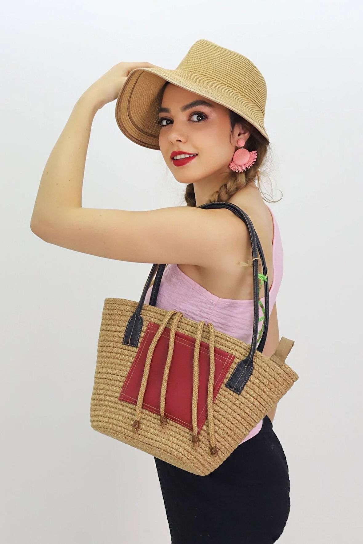 Jutty Jüt Hasır Kova Çanta Siyah Deri Saplı Kırmızı Yama Detaylı Yazlık Tote Büzgülü Plaj Omuz Çanta