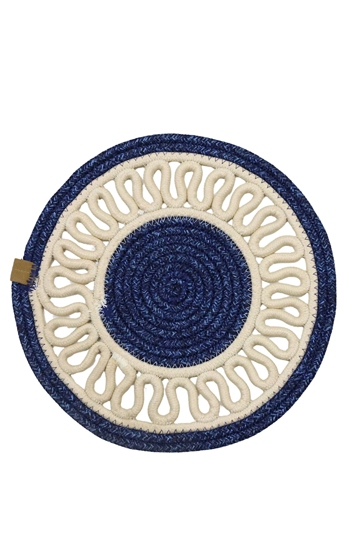 Jutty Hasır Görünümlü Jüt Dokuma Yuvarlak Lacivert Krem Örgü Dekoratif Amerikan Servis 32x32 Supla