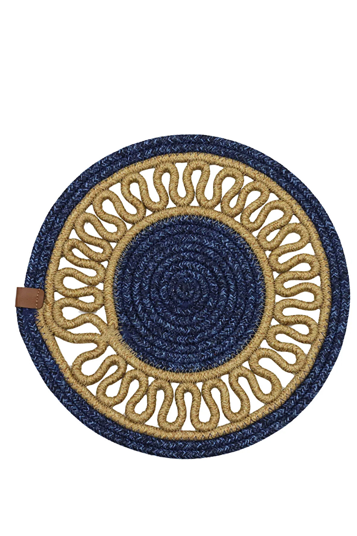 Jutty Hasır Görünümlü Jüt Dokuma Yuvarlak Lacivert Natural Dekoratif Amerikan Servis 32x32 cm Supla