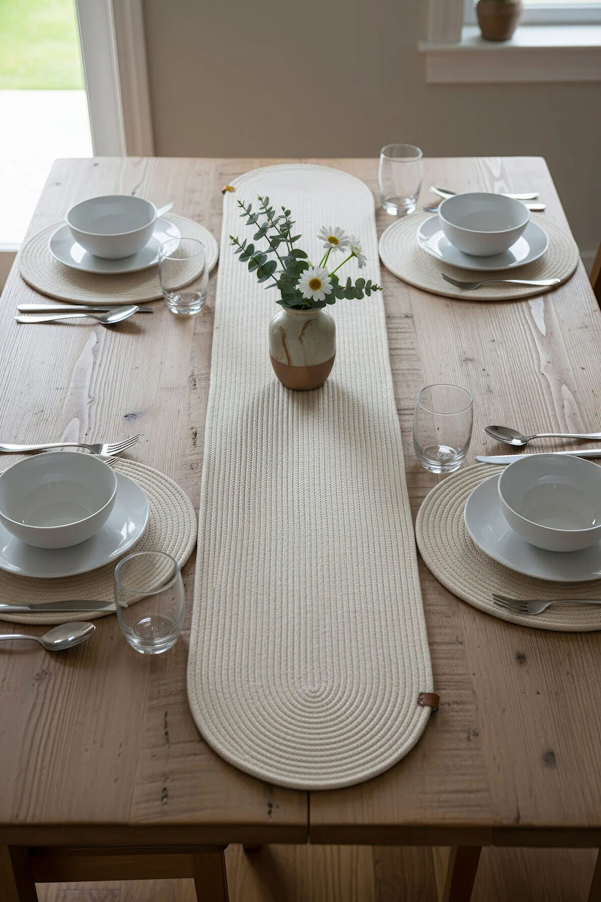 Jutty Hasır Görünümlü 5 Parça Jüt Masa Takımı Düz Krem – 4’lü Amerikan Servis Supla + 1 Runner