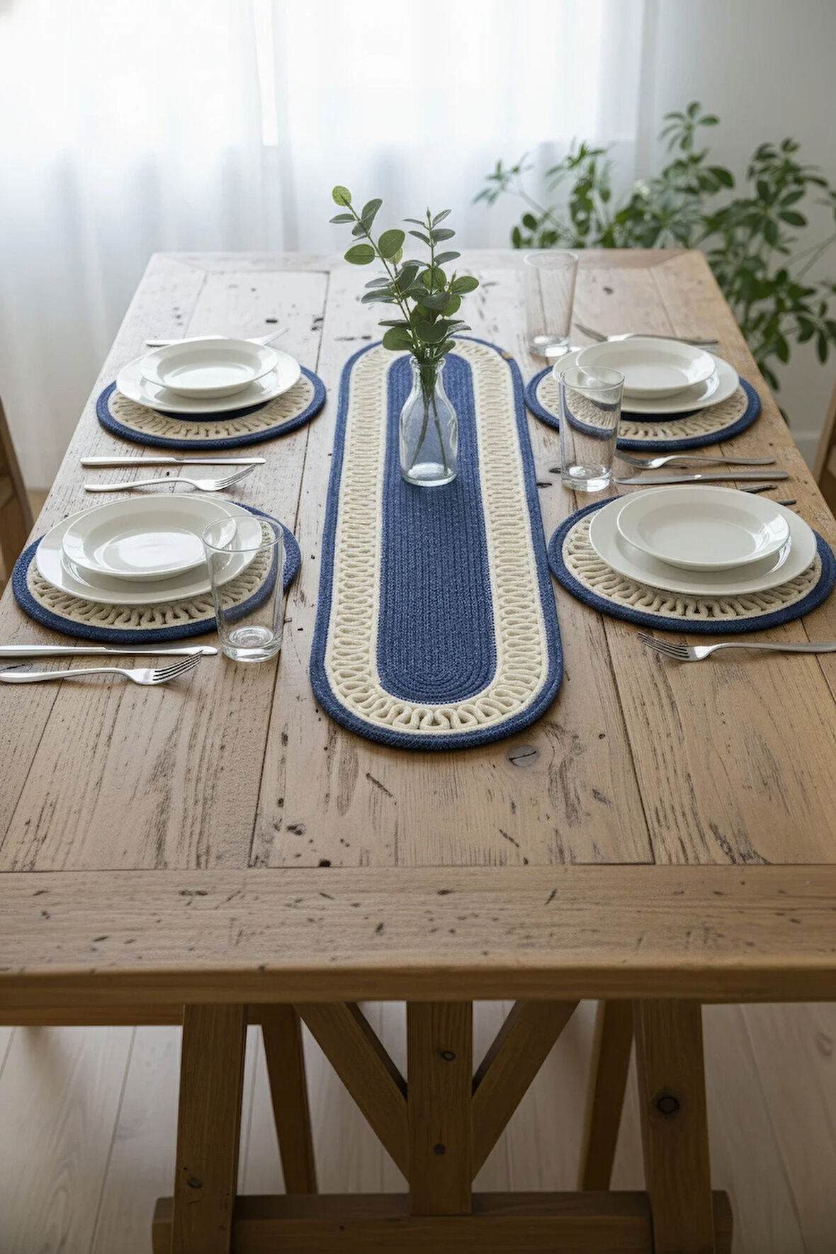 Jutty Hasır Görünümlü 5 Parça Jüt Masa Takımı Örgü Krem Lacivert 4’lü Amerikan Servis Supla 1 Runner
