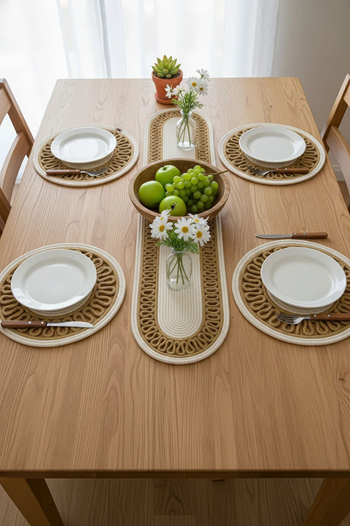 Jutty Hasır Görünümlü 5 Parça Jüt Masa Takımı Örgü Krem Natural 4’lü Amerikan Servis Supla 1 Runner