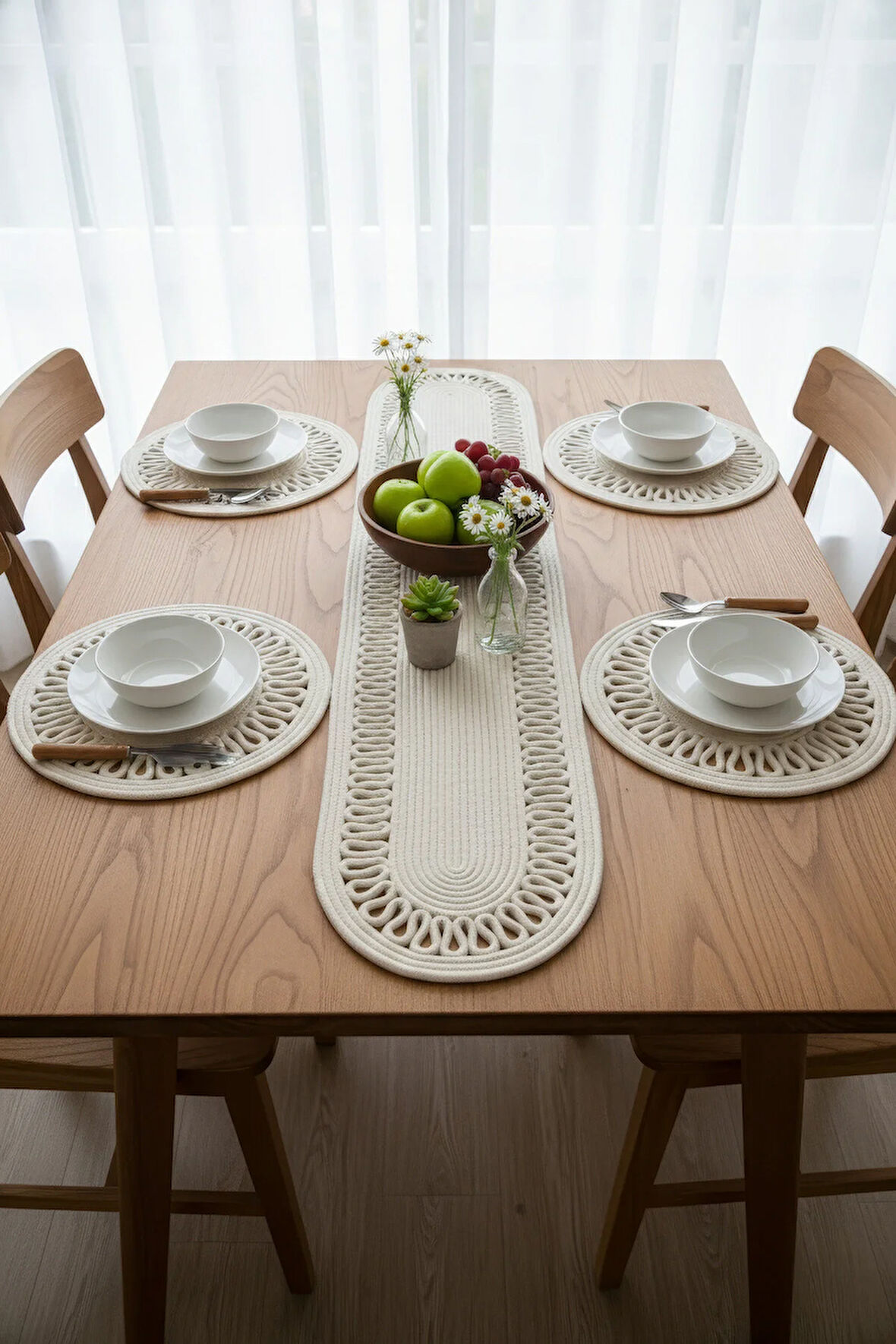 Jutty Hasır Görünümlü 5 Parça Jüt Masa Takımı Örgü Krem – 4’lü Amerikan Servis Supla + 1 Runner