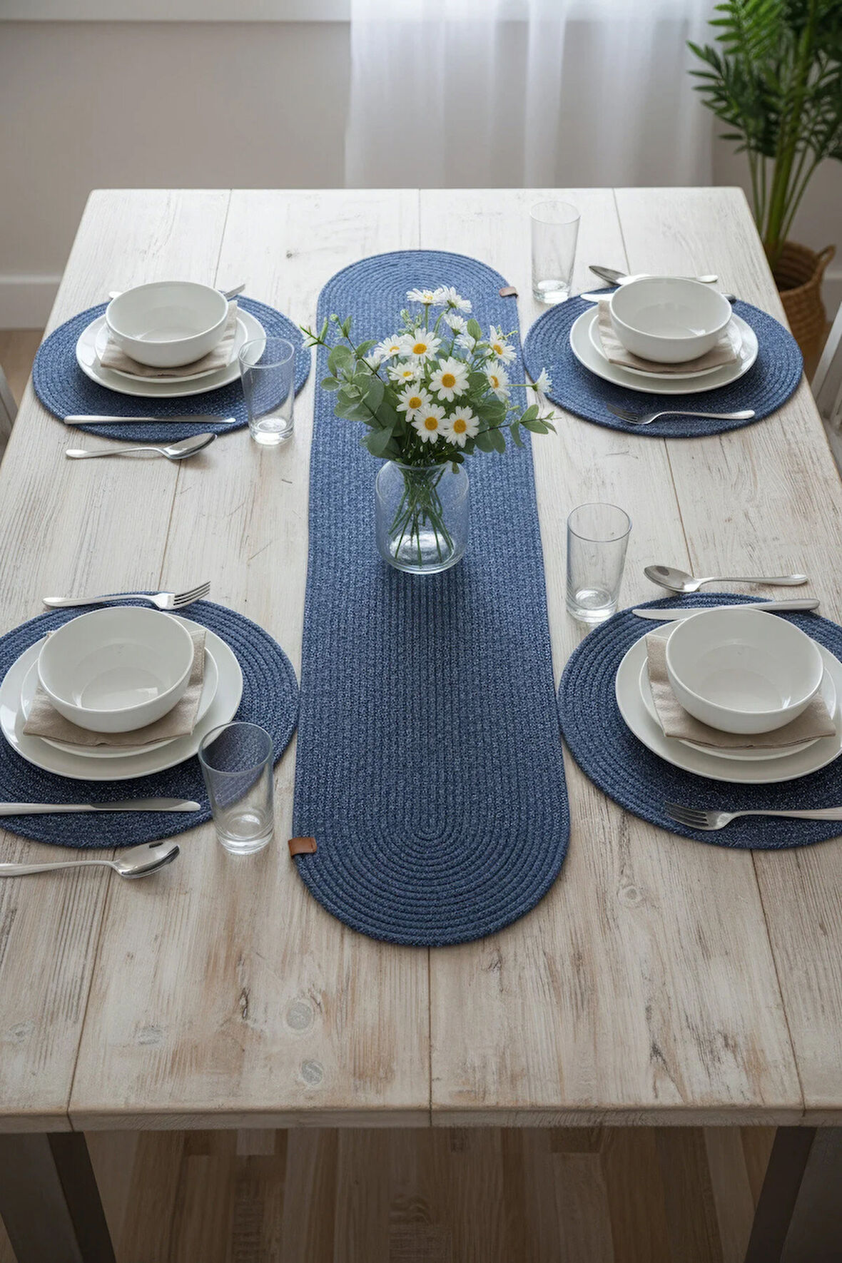 Jutty Hasır Görünümlü 5 Parça Jüt Masa Takımı Düz Lacivert – 4’lü Amerikan Servis Supla + 1 Runner