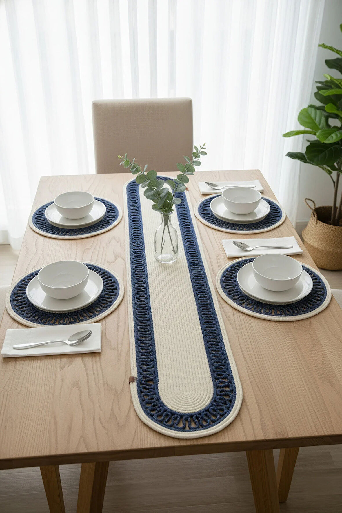 Jutty Hasır Görünümlü 5 Parça Jüt Masa Takımı Örgü Lacivert Krem 4’lü Amerikan Servis Supla 1 Runner