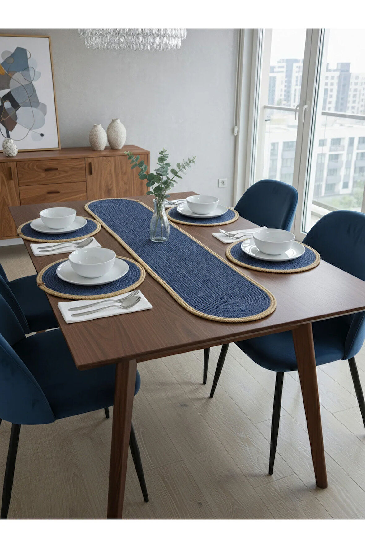 Jutty Hasır Görünümlü 5 Parça Jüt Masa Takımı Lacivert Natural 4’lü Amerikan Servis Supla 1 Runner