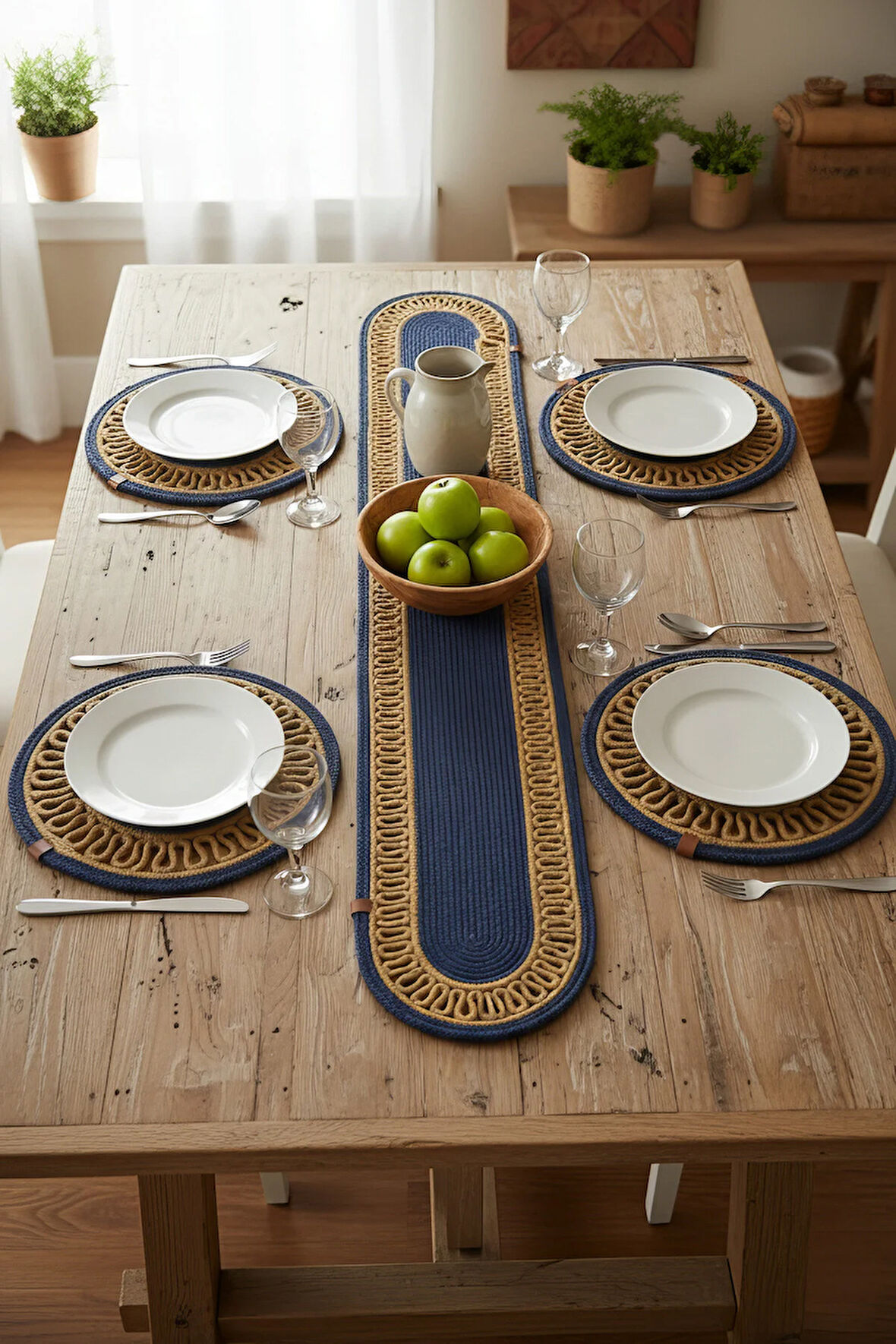 Jutty Hasır Görünümlü 5 Parça Jüt Masa Takımı Natural Lacivert 4’lü Amerikan Servis Supla 1 Runner