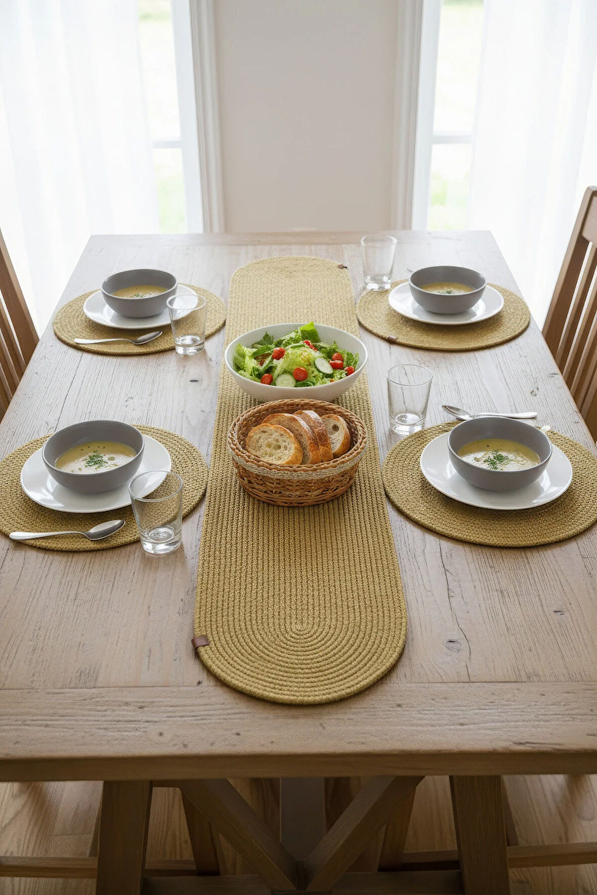 Jutty Hasır Görünümlü 5 Parça Jüt Masa Takımı Düz Natural – 4’lü Amerikan Servis Supla + 1 Runner