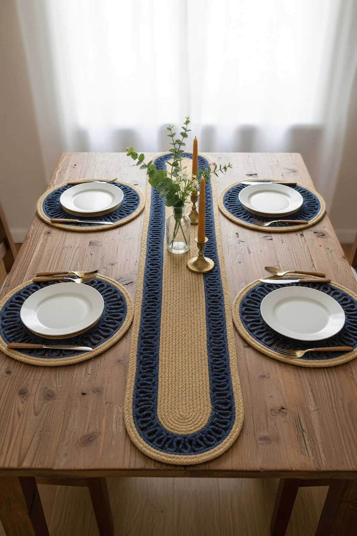 Jutty Hasır Görünümlü 5 Parça Jüt Masa Takımı Örgü Lacivert Natural 4’lü Amerikan Supla 1 Runner