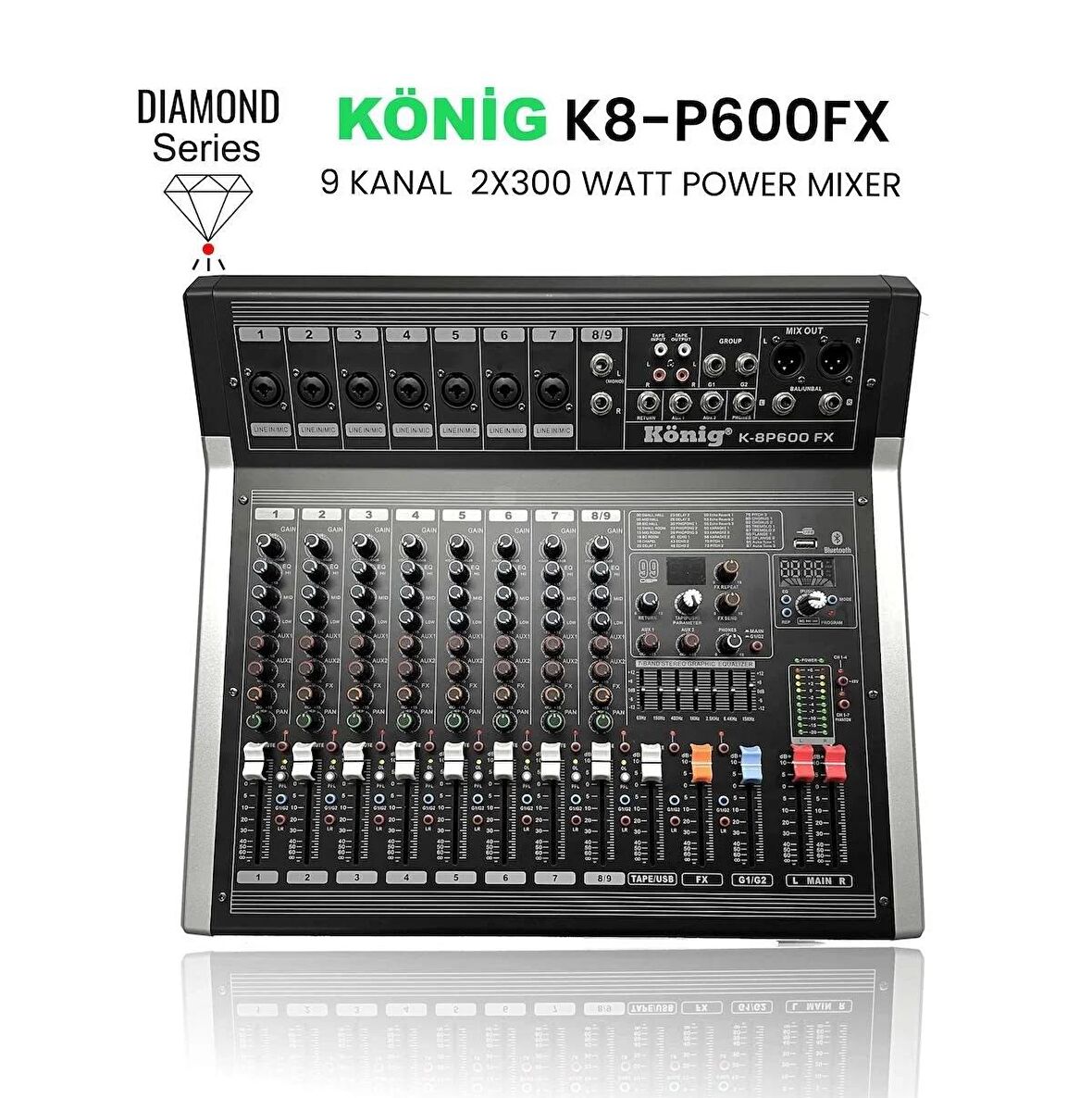 König K-8p 600 Fx 9 Kanal 2*300 Watt 99 Dsp Effect Diamond Serisi Power Mixer