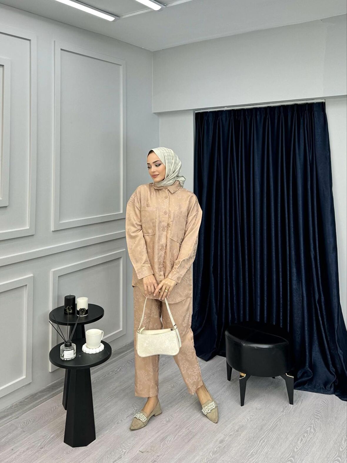 PTKM006 KUMAŞ DESENLİ BELİ LASTİKLİ PANTOLONLU TAKIM