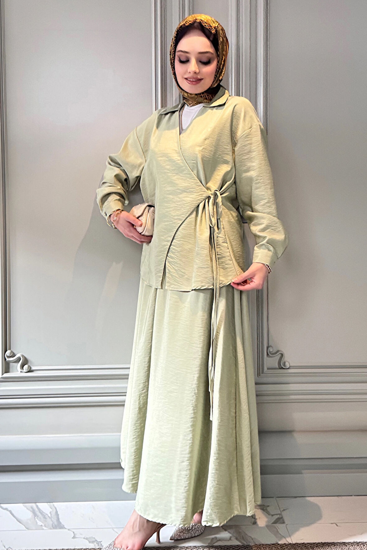 ETKT001 KRUVAZE BELİ LASTİKLİ ÜSTÜ BAĞLAMALI ETEKLİ TAKIM